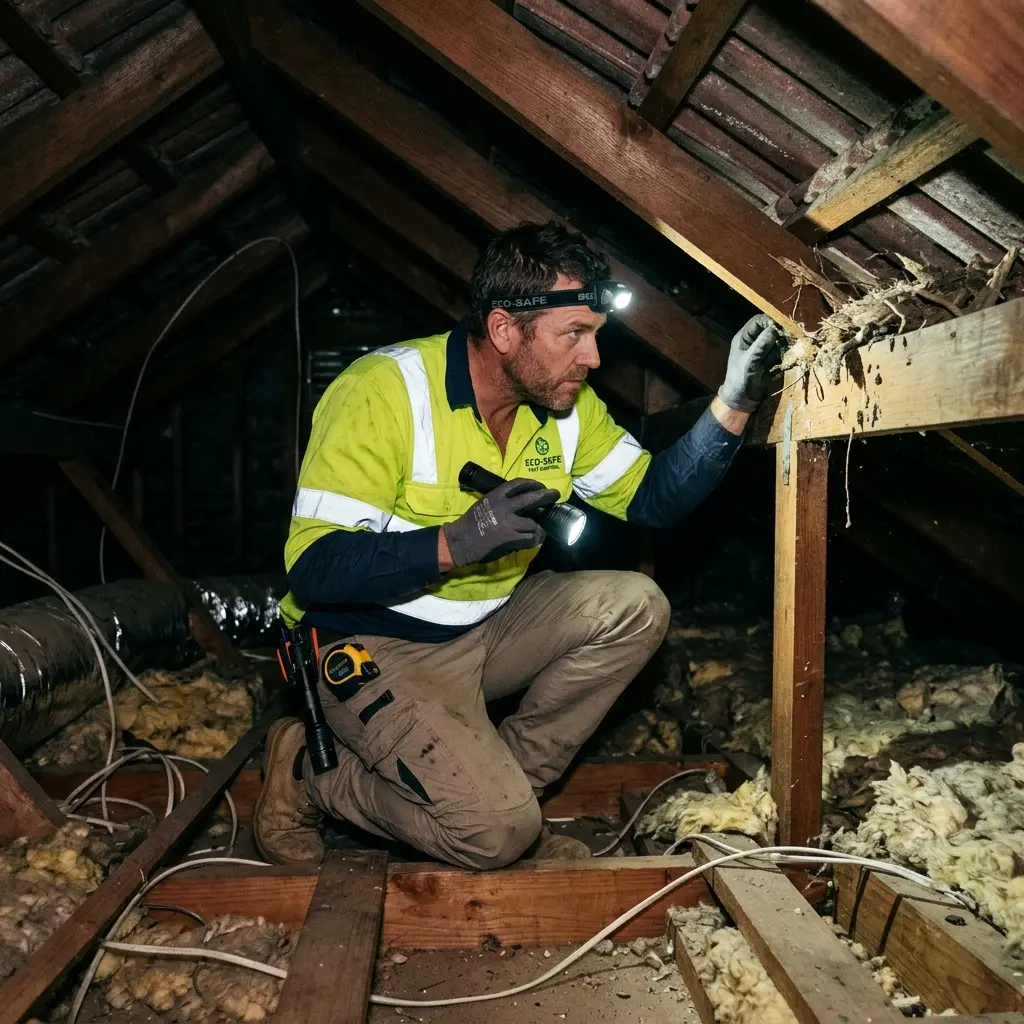 Technician inspecting a roof cavity for a dead animal in Black Hill