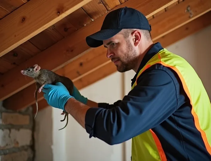 Technician inspecting a roof cavity for a dead rat in Black Hill